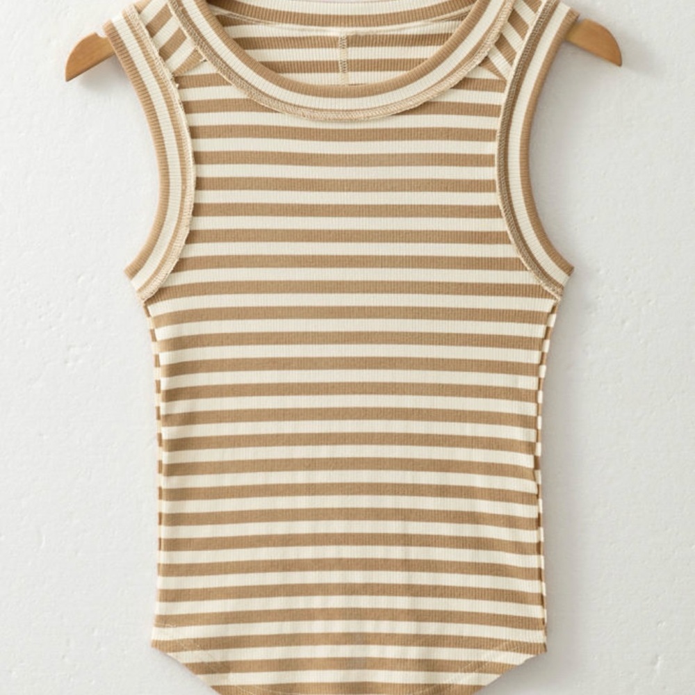 Tan and Cream Ribbed Sleeveless Tank Top